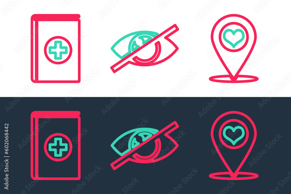 Aufkleber set line map pointer with heart, medical book and invisible or hide icon. vector