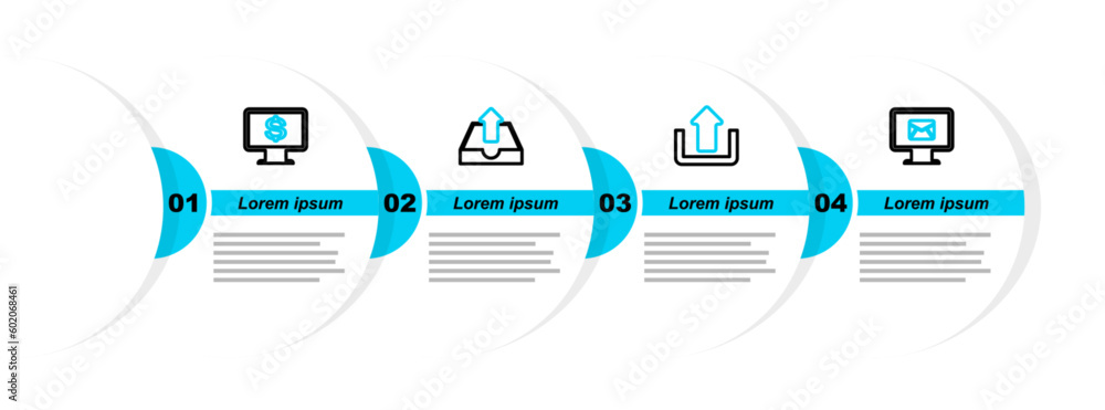 Poster set line monitor and envelope, upload, inbox and with dollar icon. vector