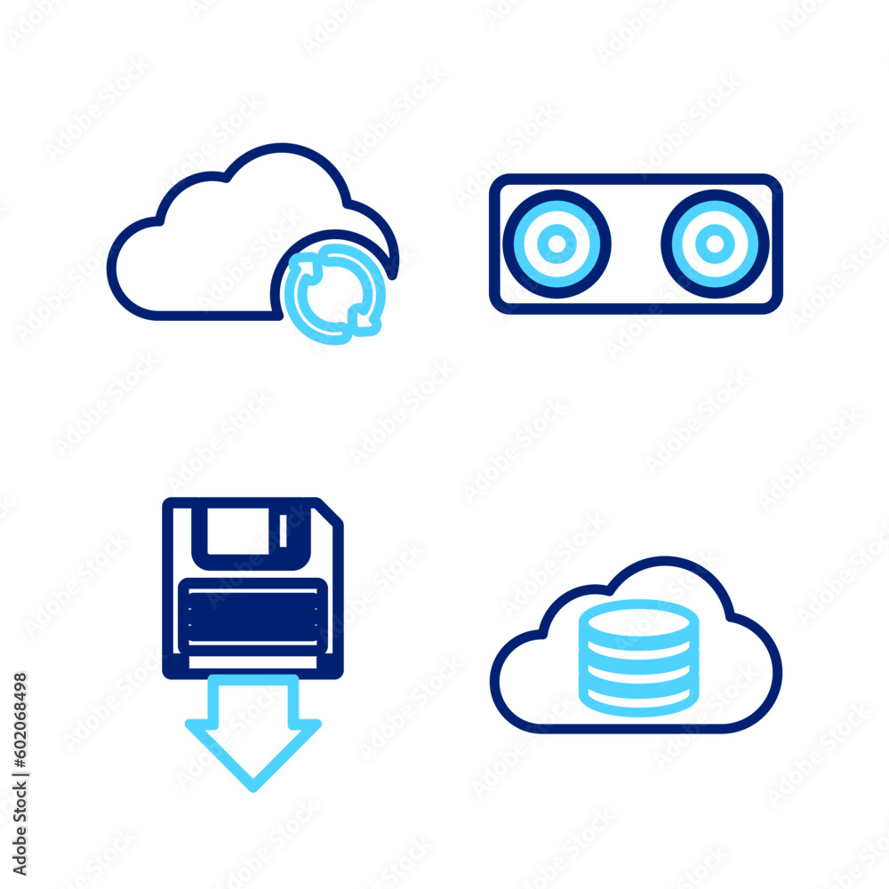 Poster set line cloud database, floppy disk backup, stereo speaker and sync refresh icon. vector