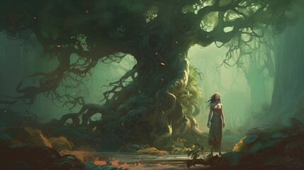 Obraz premium Dryad guarding a sacred tree. Fantasy concept , Illustration painting. Generative AI
