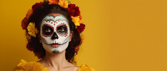 Portrait of a woman wearing Day of the Dead costumes and skull makeup on yellow background, Generative Ai