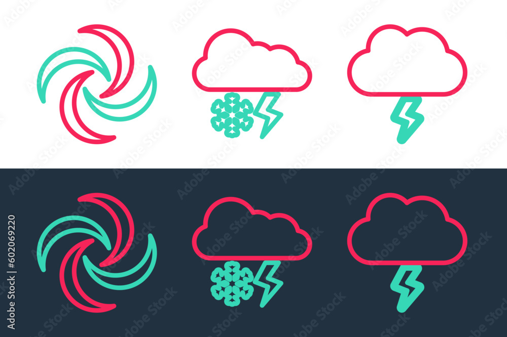 Poster set line storm, tornado and cloud with snow and lightning icon. vector