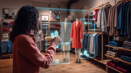 Person Using Augmented Reality to Explore Virtual Product Displays in a Shop. Generative AI - obrazy, fototapety, plakaty