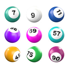 Multi coloured bingo balls. Casino bingo balls. 3D rendered bingo balls with numbers.
