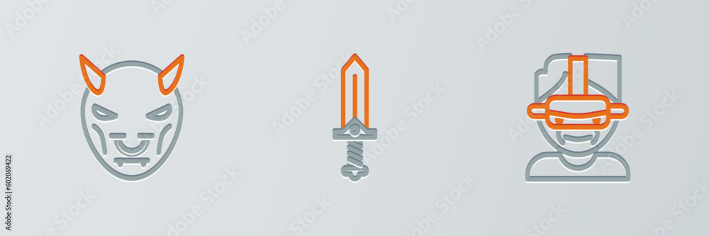 Poster set line virtual reality glasses, mask of the devil with horns and sword for game icon. vector