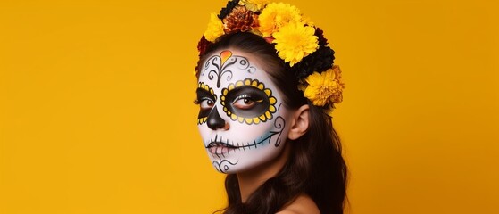 Portrait of a woman wearing Day of the Dead costumes and skull makeup on yellow background, Generative Ai