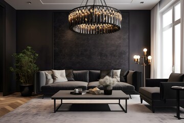 "Black Chandelier above Modern Couch"