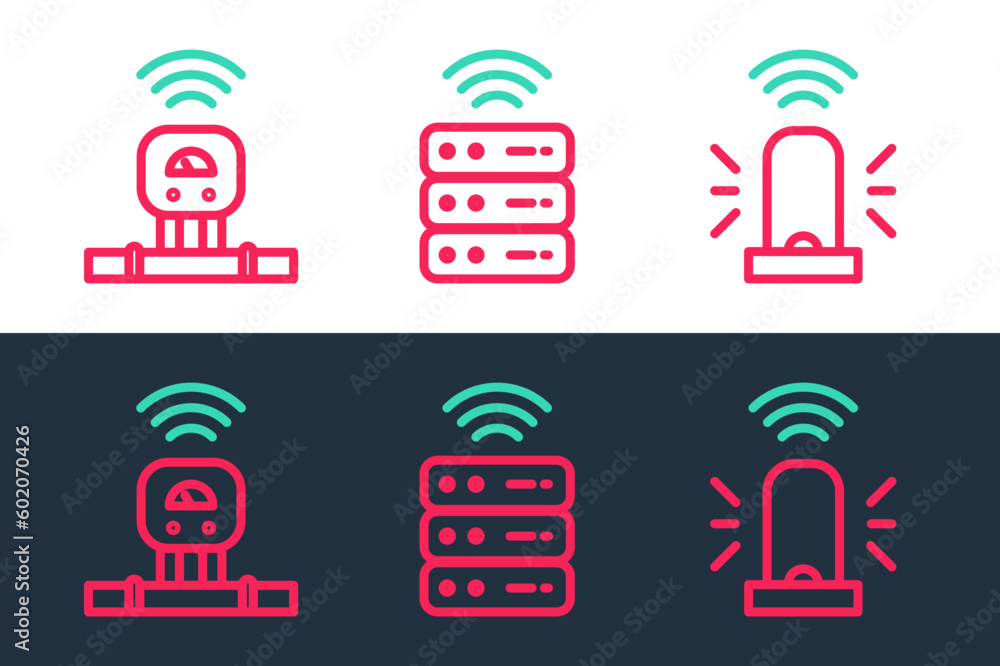 Aufkleber set line smart flasher siren, sensor and server icon. vector