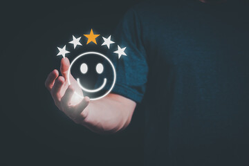 Satisfaction survey concept and customer service, using digital media technology, questionnaire, and rating satisfaction, rating satisfaction five stars, searching for information, online marketing