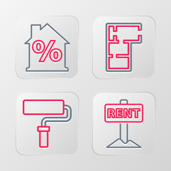 Set line Hanging sign with Rent, Paint roller brush, House plan and percant discount icon. Vector