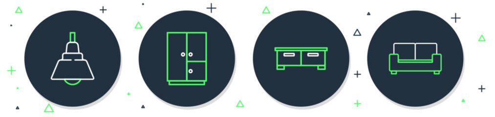 Set line Wardrobe, Chest of drawers, Chandelier and Sofa icon. Vector
