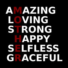 amazing loving strong happy selfless graceful. mothers day. simple. typography. lettering. text. quote. sentence. say. words.