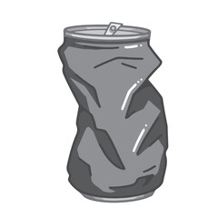 Grayscale outlined one single crushed and crumpled can bottle drink isolated on square white template. Monochrome shades of gray simple and flat styled drawing.