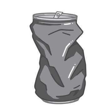 recommend clip art: Grayscale outlined one single crushed and crumpled can bottle drink isolated on square white template. Monochrome shades of gray simple and flat styled drawing.