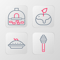 Set line Honey dipper stick, Homemade pie, Apple in caramel and Brick stove icon. Vector