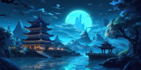 Fototapeta na wymiar AI Generated. Asian chinese cartoon style blue colors pagoda temple tower landscape. AI Generative. Graphic Art