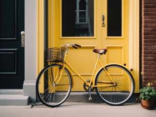 Vintage bicycle in front of a yellow door at the entrance.