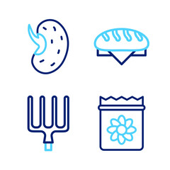 Set line Pack full of seeds of plant, Garden pitchfork, Bread loaf and Seed icon. Vector