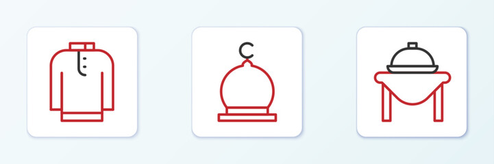 Set line Table food, Shirt kurta and Muslim Mosque icon. Vector