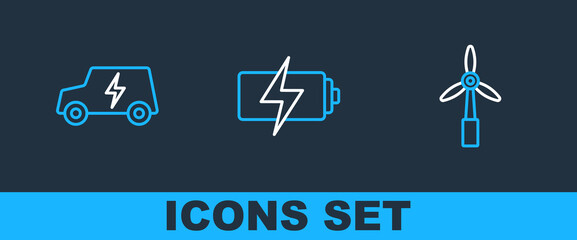 Set line Wind turbine, Electric car and Battery icon. Vector