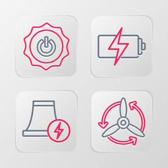 Set line Wind turbine, Nuclear power plant, Battery and Power button icon. Vector