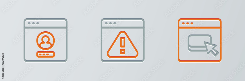Poster set line browser files, create account screen and with exclamation mark icon. vector