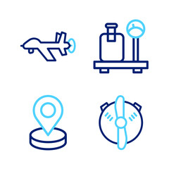 Set line Plane propeller, Location, Scale with suitcase and UAV Drone icon. Vector