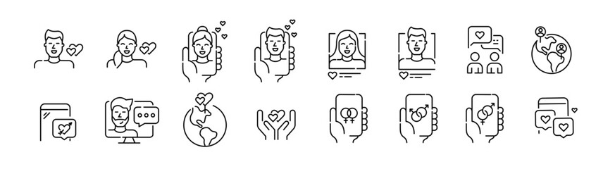 Dating app. International users, all orientations looking for romantic relationships. Pixel perfect, editable stroke line icons set