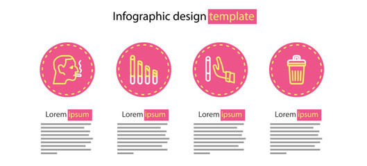 Set line Giving up cigarette, Trash can, Smoking and Man smoking icon. Vector