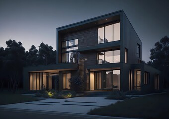 modern black house at night, outside of a newly built modern house, by generative ai