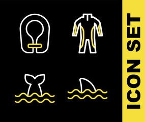 Set line Wetsuit for scuba diving, Shark, Whale tail and Life jacket icon. Vector