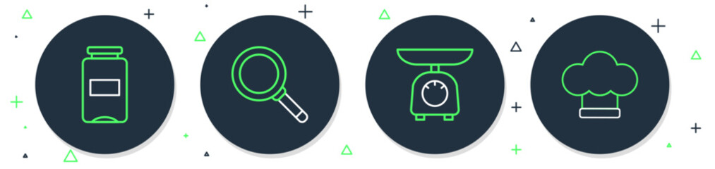 Set line Frying pan, Scales, Jam jar and Chef hat icon. Vector