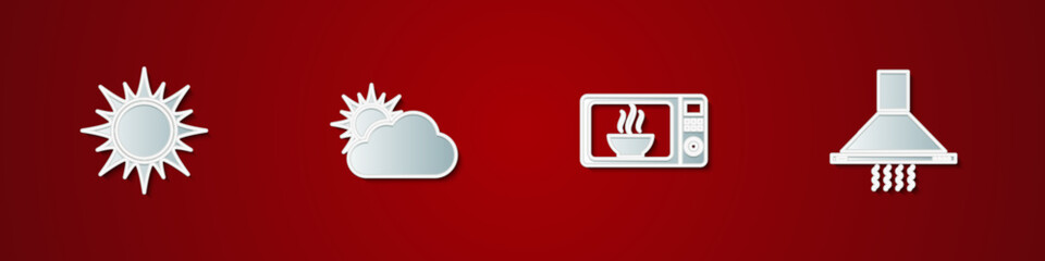 Set Sun, and cloud weather, Microwave oven and Kitchen extractor fan icon. Vector