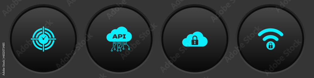 Poster set time management, cloud api interface, computing lock and wifi locked icon. vector
