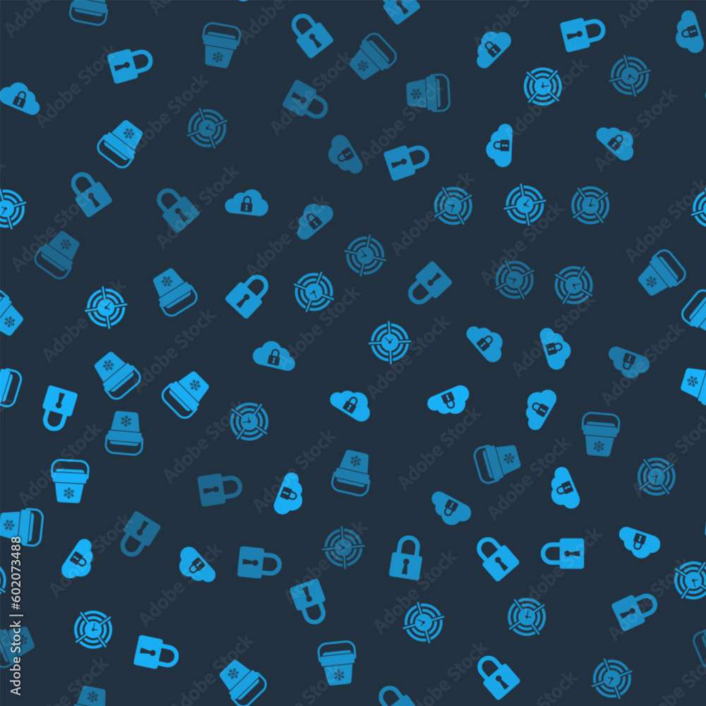 Poster set lock, cloud computing lock, time management and cooler bag on seamless pattern. vector
