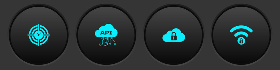 Set Time Management, Cloud api interface, computing lock and Wifi locked icon. Vector