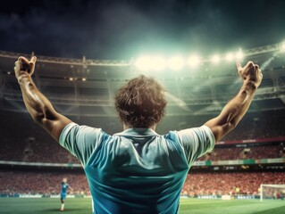 Fototapeta na wymiar soccer player celebrating a goal with arms outstretched in a stadium - Generated by Generative AI