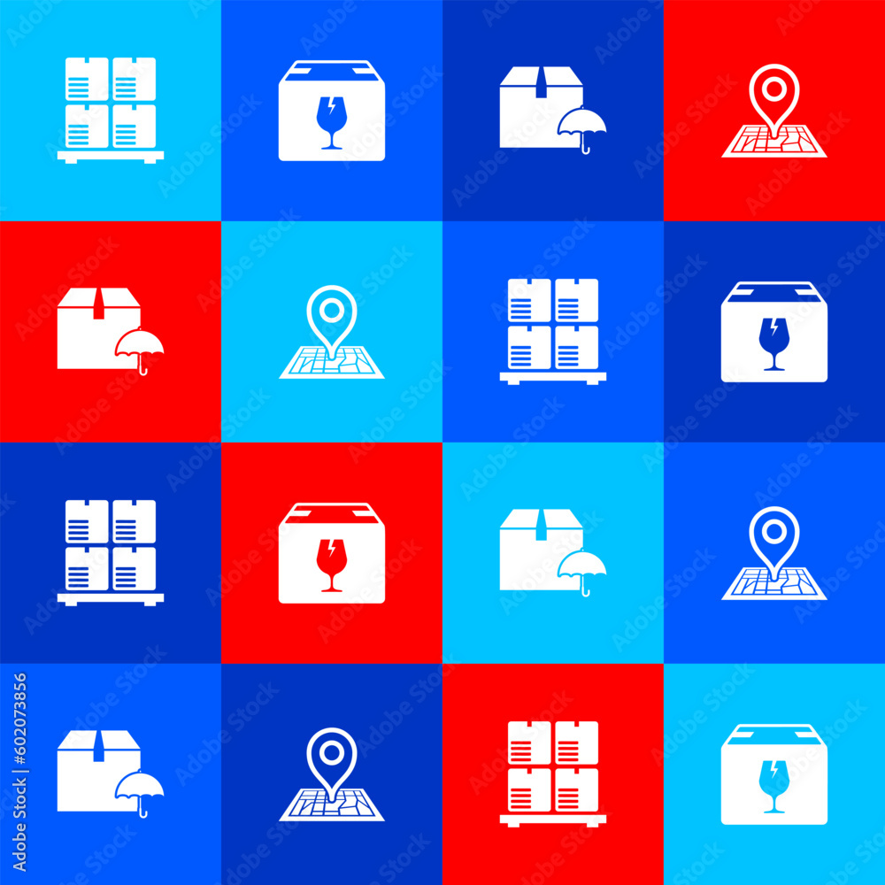 Poster set cardboard boxes on pallet, delivery with fragile content, package umbrella and placeholder map i
