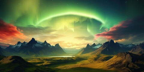 Plakat AI Generated. Photo realistic illustration of aurora northern light. Adventure expidition vibe. AI Generative. Graphic Art