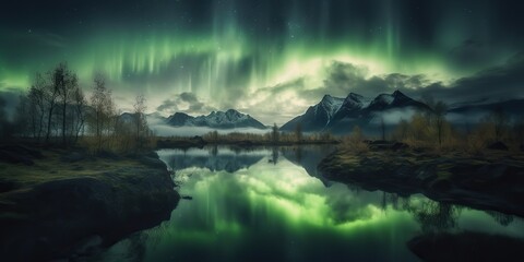 Obraz na płótnie Canvas AI Generated. Photo realistic illustration of aurora northern light. Adventure expidition vibe. AI Generative. Graphic Art