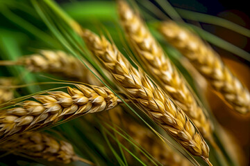 A natural and beautiful photo of wheat ears close-up, showing the golden grains and the green stems and leaves. Generative AI.