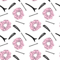 SEAMLESS PATTERN HAIR ACCESSORIES, HAIR CLIPS, BOBBY PINS, SCRUNCHIES ON WHITE BACKGROUND