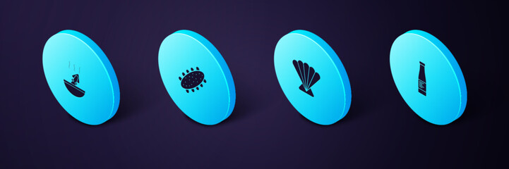 Set Isometric Sauce bottle, Scallop sea shell, Sea cucumber and Soup with octopus icon. Vector