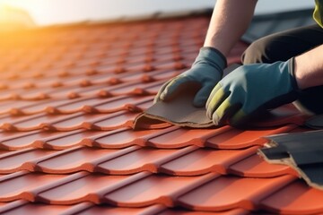 Construction worker hands working on roof tiles installation closeup. Generative AI