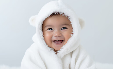 A smiling Native American baby wearing a fluffy white bathrobe by generative AI