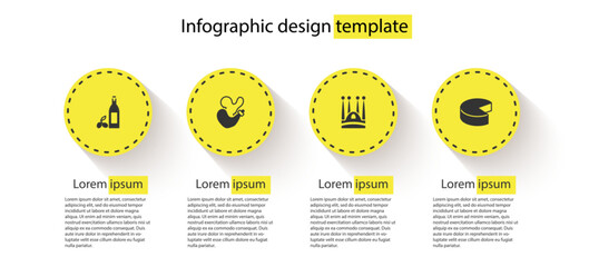 Set Bottle of olive oil, Spanish wineskin, Sagrada Familia and Cheese. Business infographic template. Vector