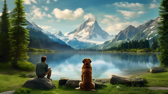 Generative AI creates an idyllic image of a man and his canine companion enjoying a tranquil moment on a mountain meadow, framed by a scenic lake and mountain vista