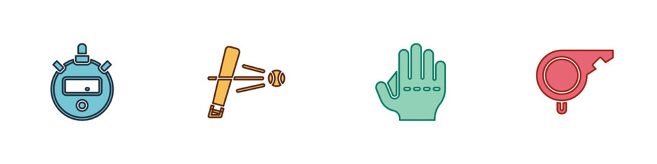 Set Stopwatch, Baseball bat with ball, glove and Whistle icon. Vector