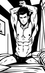 black and white of man on the bed