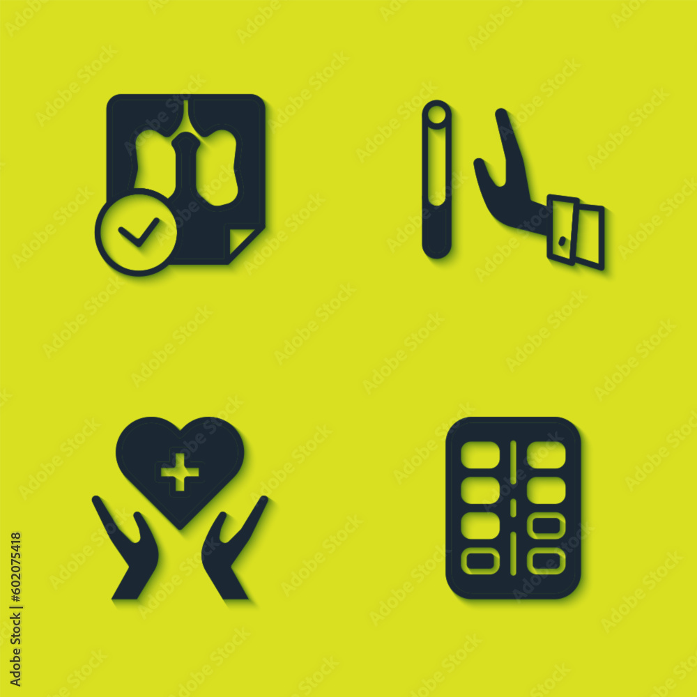 Sticker Set Lungs x-ray diagnostics, Nicotine gum in blister pack, Heart with cross and Giving up cigarette icon. Vector